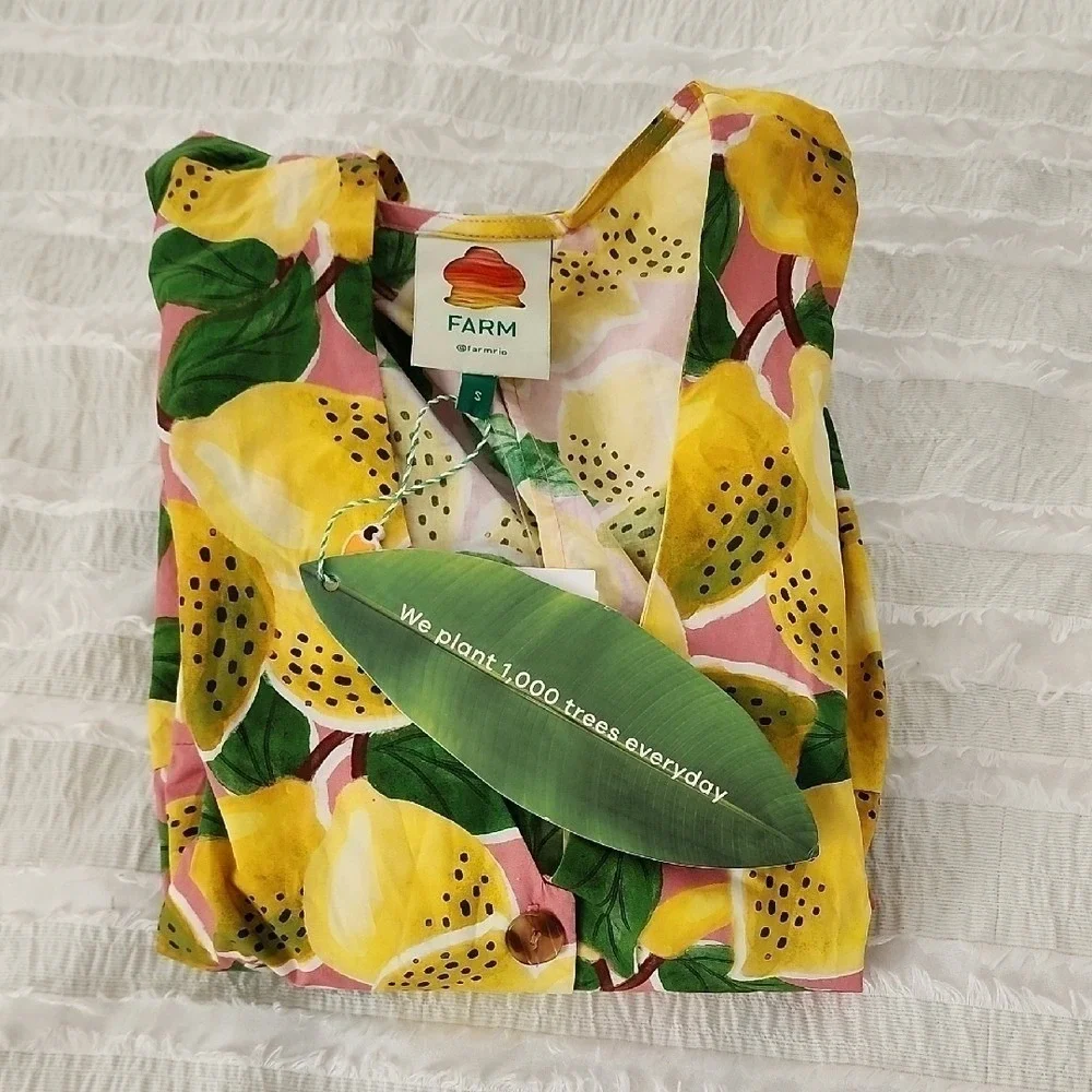 Farm Rio Fresh Lemons Puff Sleeves Shirt Womens Small Yellow Tropical Boho NWT
